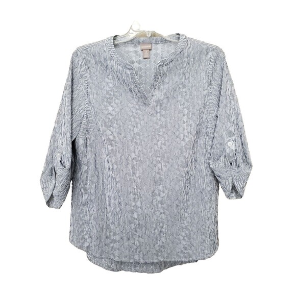 Chico's Cotton Blend Diamond Textured Split Neck Roll-Tab Sleeve Tunic Size 2 L - Picture 1 of 8